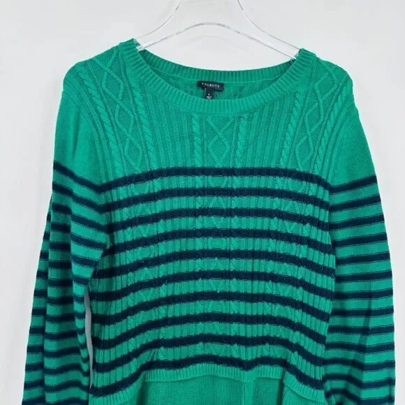 Talbots Size Large Navy Blue & Green Striped Peplum Cable Knit Sweater Top - Picture 2 of 6